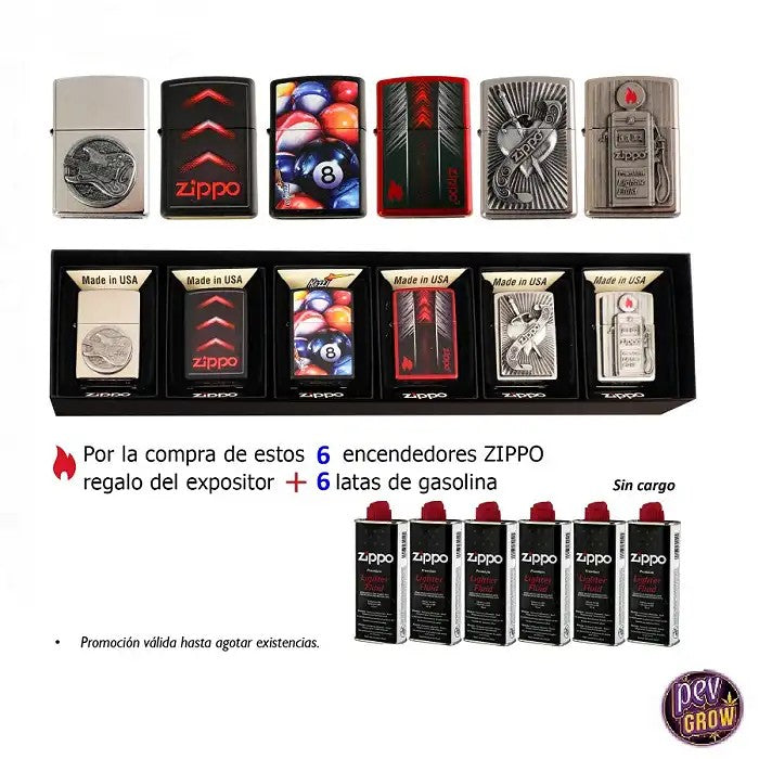 Supportenbois«CollectionZippo»avec6briquetsassortis+6canettesd’essence