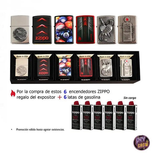 Supportenbois«CollectionZippo»avec6briquetsassortis+6canettesd’essence